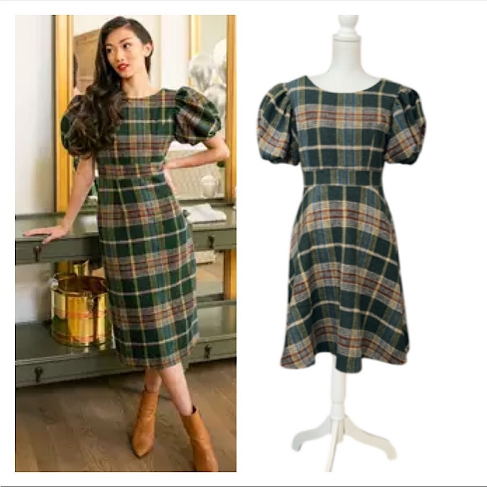 Ivy City Co Green Plaid Midi Dress